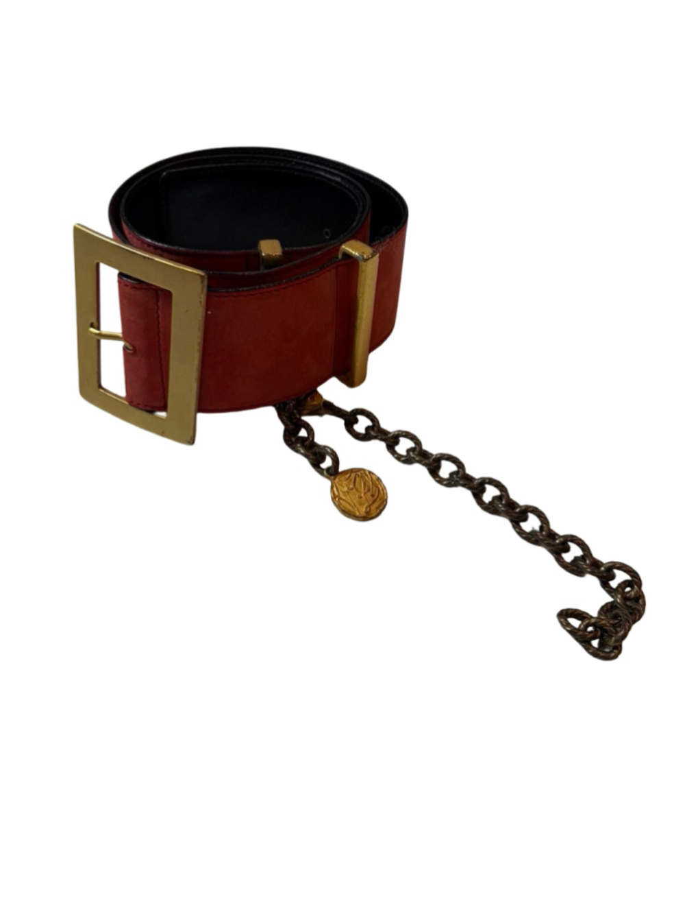 Escada Vintage Red Leather Wide Waist Belt Gold Chain Buckle Germany 38
Marks